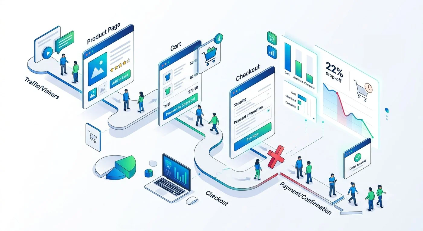 Isometric e-commerce funnel showing a 22% drop-off before checkout.