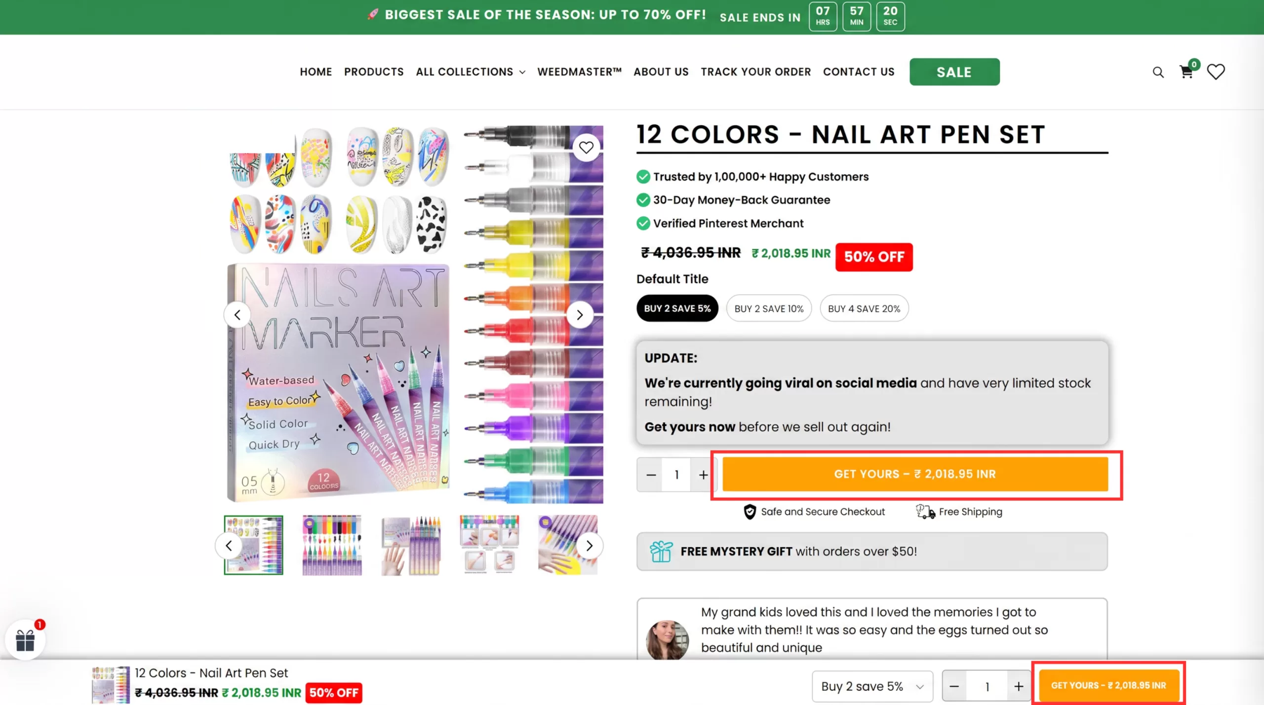E-commerce product page for a 12-colors nail art pen set.